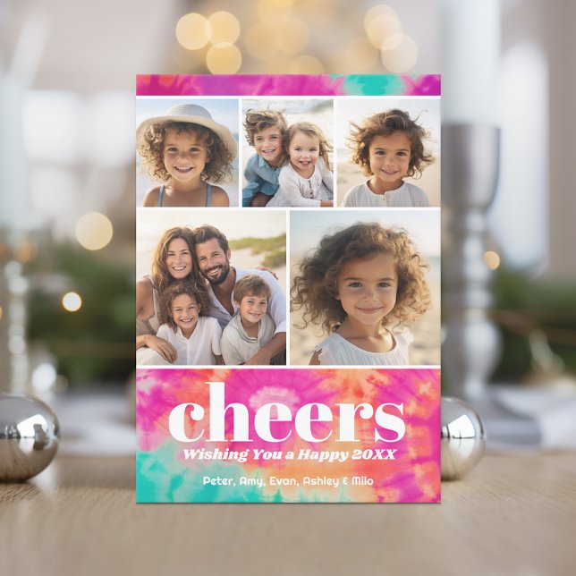 Cartão De Festividades Tie-Dye Brilhante - 5 Foto - Saúde ao Ano Novo (Retro Tie Dye Pattern Christmas Card. Add a little color to your holiday with this online photo card)