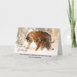 Cartão De Festividades Tiger and Cub Winter Snow Xmas Photo Personalized