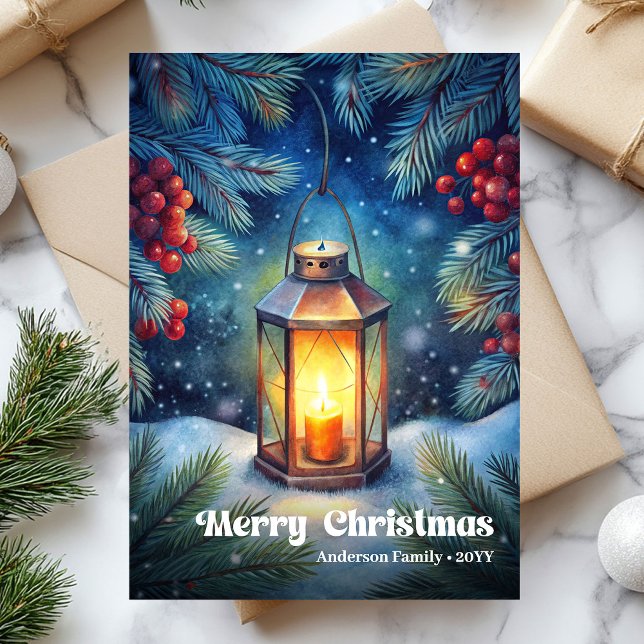 Cartão De Festividades Timeless Christmas lantern rustic pine wreath (Timeless Christmas lantern rustic pine wreath Holiday Card)
