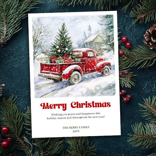 Cartão De Festividades Timeless Rustic Red Truck Christmas Scene Greeting (Timeless Rustic Red Truck Christmas Scene Greeting Holiday Card )