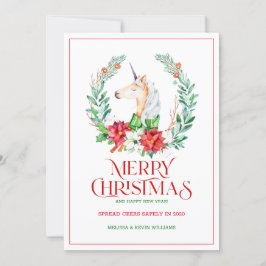 Cartão De Festividades tipografia de Natal poinsétia e coroa de unicórnio