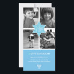 Cartão De Festividades Tipografia Decorânea - Estrela Azul Claro Chanucá<br><div class="desc">Uma grande estrela azul cobalta de David é a peça focal deste cartão com fotos Hanukkah. A estrela impressão no centro de quatro de suas próprias fotografias a cor ou preto-e-branco. As palavras "O Festival das Luzes" dentro a estrela com espirais dentro e radiando para fora da estrela para fazer...</div>