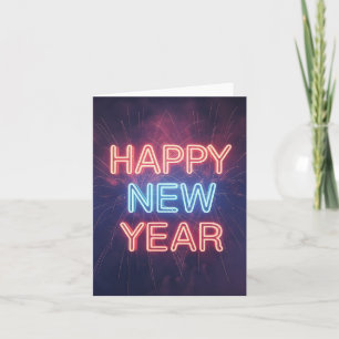 Cartão De Festividades Tipografia "Feliz Ano Novo" em Neon com Fogos de A