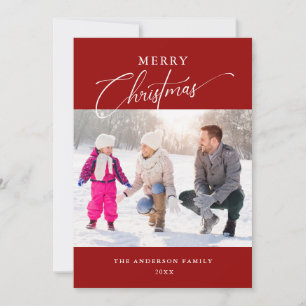 Cartão De Festividades Tipografia Mínima Vermelha 2 Fotos Feliz Natal