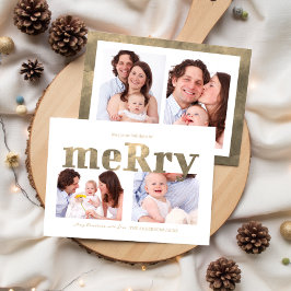 Cartão De Festividades Tipografia Moderna de Ouro “Merry” Foto Família