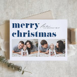 Cartão De Festividades Tipografia Retro Azul Feliz Natal Dois Foto<br><div class="desc">Feliz Natal! Envie seus Cartões de natal para a família e amigos com este cartão de Natal personalizável. Apresenta tipografia retrógrada. Personalize adicionando seus detalhes. Este cartão de Natal personalizado está disponível em outros estoques de cartão. Itens correspondentes estão disponíveis.</div>