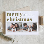Cartão De Festividades Tipografia Retro Dourada Feliz Natal Duas Foto<br><div class="desc">Feliz Natal! Envie seus Cartões de natal para a família e amigos com este cartão de Natal personalizável. Apresenta tipografia retrógrada. Personalize adicionando seus detalhes. Este cartão de Natal personalizado está disponível em outros estoques de cartão. Itens correspondentes estão disponíveis.</div>