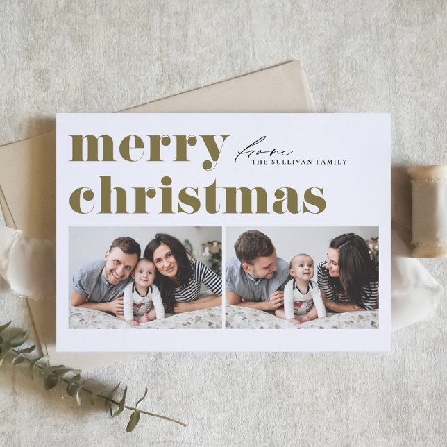 Cartão De Festividades Tipografia Retro Dourada Feliz Natal Duas Foto (Criador carregado)