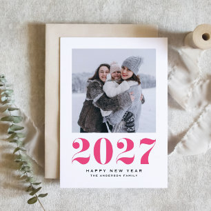 Cartão De Festividades Tipografia Retro Rosa Quente 2027 Foto de Ano Novo