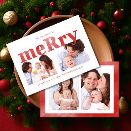 Cartão De Festividades Tipografia Vermelha Moderna “Merry” Foto Família