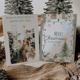 Cartão De Festividades Tiras Verdes da Família Foto Fofa Feliz Natal