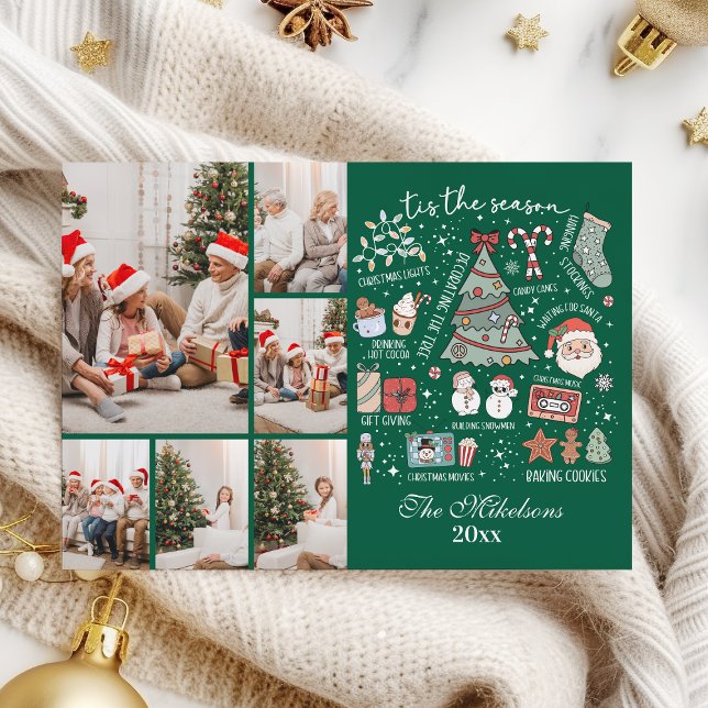 Cartão De Festividades Tis The Season 6 Photo  Retro Green Christmas (Criador carregado)