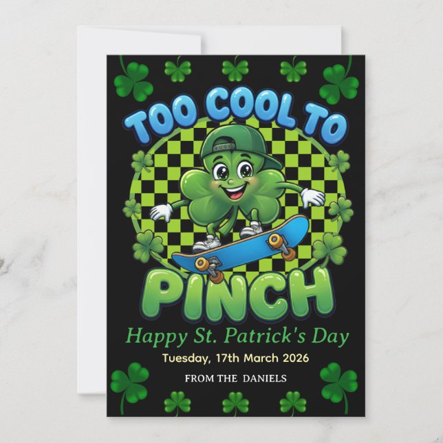 Cartão De Festividades Too Cool to Pinch Skateboard Shamrock St. Patricks (Frente)