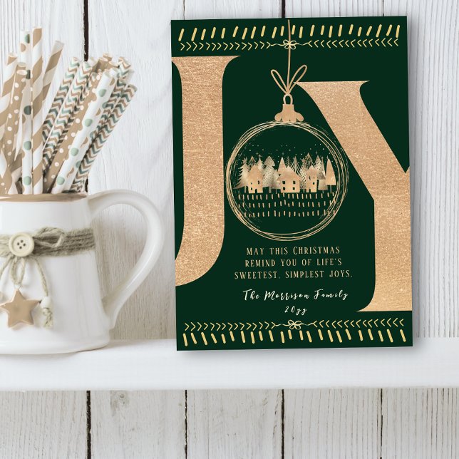 Cartão De Festividades Toque Festejo Clássico Simples Verde e Dourado “JO (Classic Festive Touch Simple Green and Gold “JOY” Holiday Card)