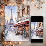Cartão De Festividades Torre Eiffel, Natal da Rua Paris<br><div class="desc">Transportem seus entes queridos para as ruas encantadoras de Paris com nossa "Torre Eiffel, Cartão de Natal de Paris Street Watercolor". Esta bela carta feita apresenta uma cena de aquarela capturando o romance e o encanto da Cidade da Luz durante a estação festiva. A icônica Torre Eiffel agarra o horizonte,...</div>