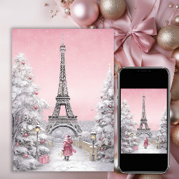 Cartão De Festividades Torre Eiffel, Papais noeis, Natal Rosa-Chic Paris