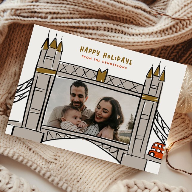 Cartão De Festividades Tower Bridge London Double Decker Foto de Natal (Tower Bridge London Double Decker Bus Illustration Christmas Photo Holiday Card)