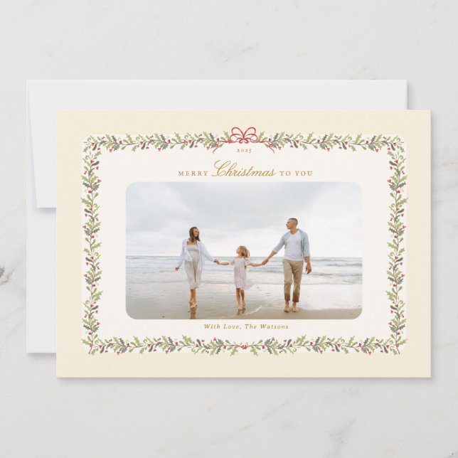 Cartão De Festividades traditional bow christmas botanical 1 photo flat  (Frente)
