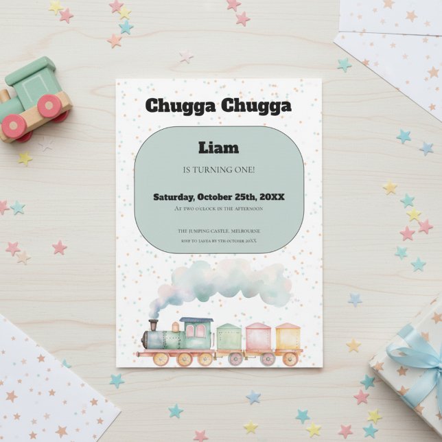Cartão De Festividades Train Birthday Invitation | Cute 1st Birthday (Blue watercolor train birthday invitation for boys, perfect for 1st birthday or chugga chugga party.)