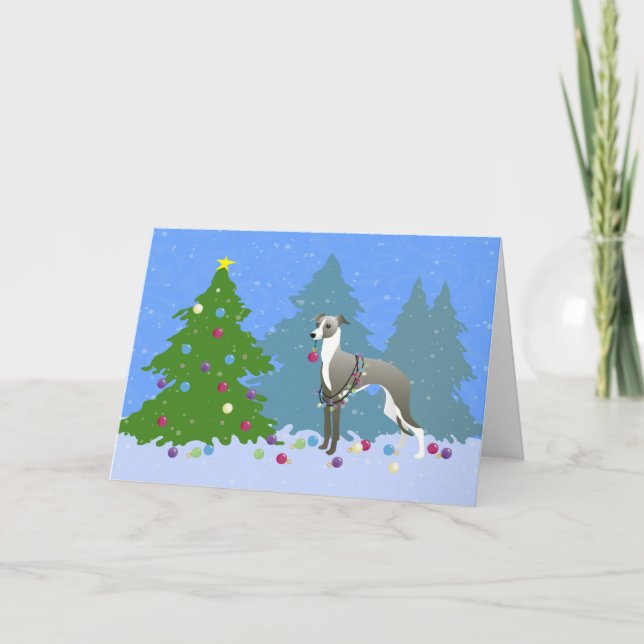 Cartão De Festividades Tre de Natal Desordenado com Whippet, em Itália (Frente)