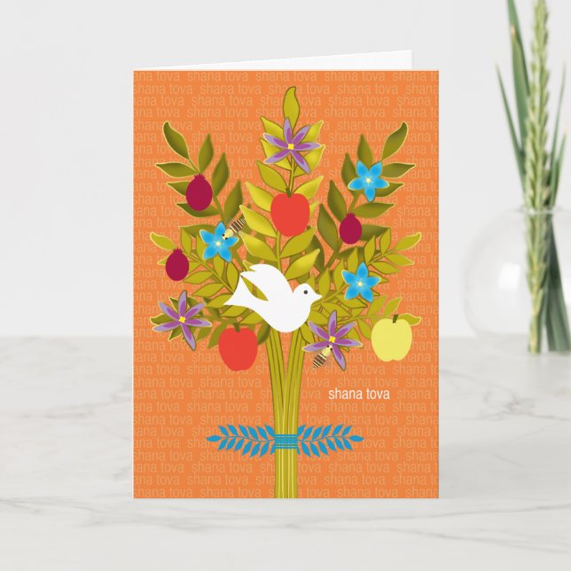 Cartão De Festividades Tree of Life Rosh Hashanah Dove Flowers and Fruit (Frente)