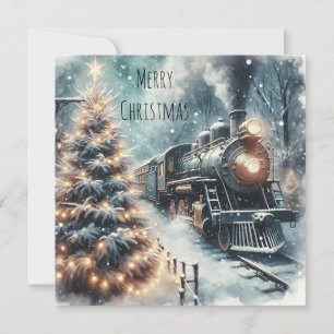Cartão De Festividades Trem Antigo e Cena de Inverno Vintage