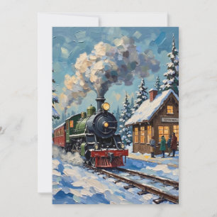 Cartão De Festividades Trem de vapor de Natal vintage na estação nevada