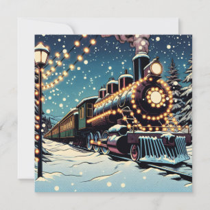 Cartão De Festividades Trem Vintage Antigo numa Noite de Natal