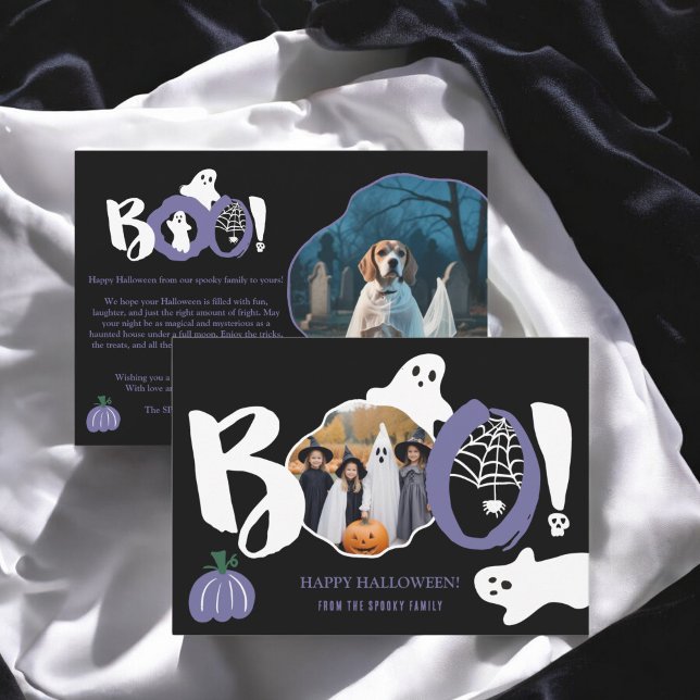 Cartão De Festividades Trendência roxa branca Fantasmas Boo 2 fotos Hallo (Cute purple trendy Boo ghosts 2 photos Halloween Holiday Card)