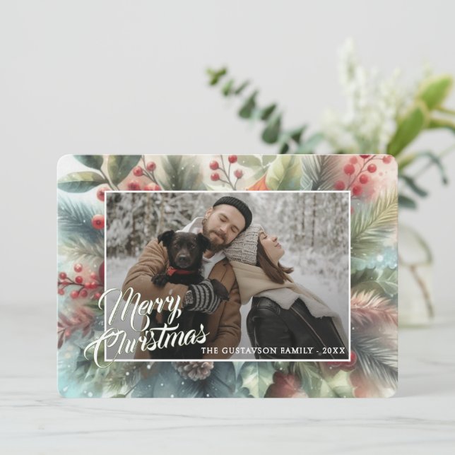 Cartão De Festividades Trendy Chic Red Floral Berries Holiday Wreath (Em pé/Frente)