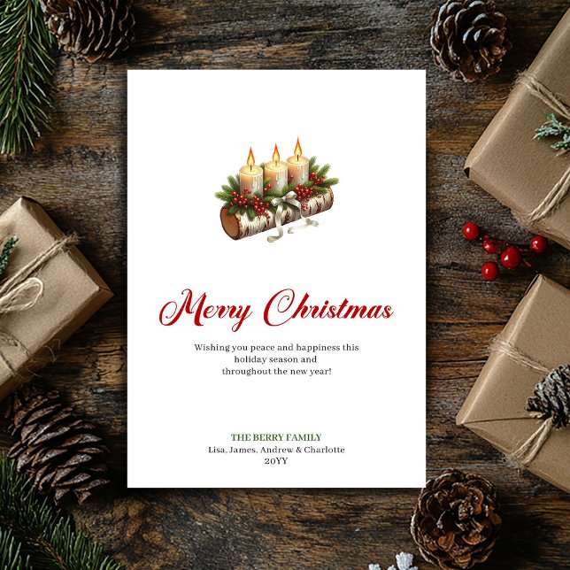 Cartão De Festividades Trendy Christmas candles wooden log greeting (Trendy Christmas candles wooden log greeting Holiday Card)