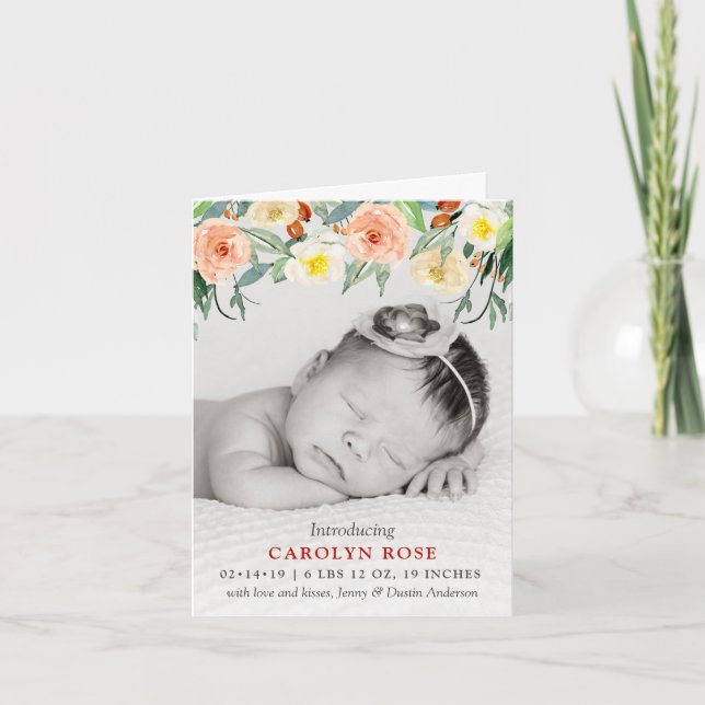 Cartão De Festividades Trendy Floral Blooms Photo Birth Announcement (Frente)
