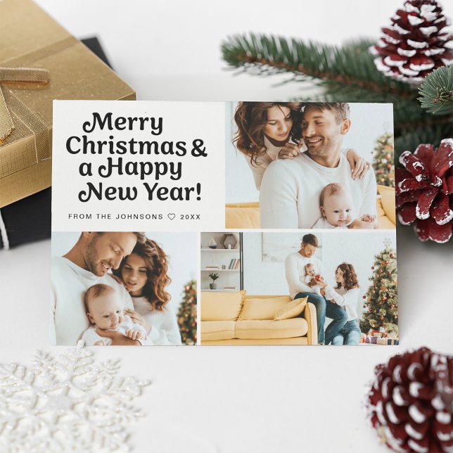 Cartão De Festividades Trendy Merry Christmas Happy New Year Photo Grid (Minimal, trendy typography, simple and modern photo collage family christmas card.)