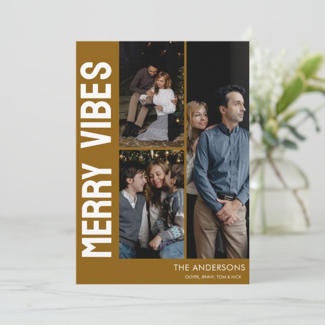 Cartão De Festividades Trendy Modern Custom 3 Photo Feliz Vibes (Em pé/Frente)