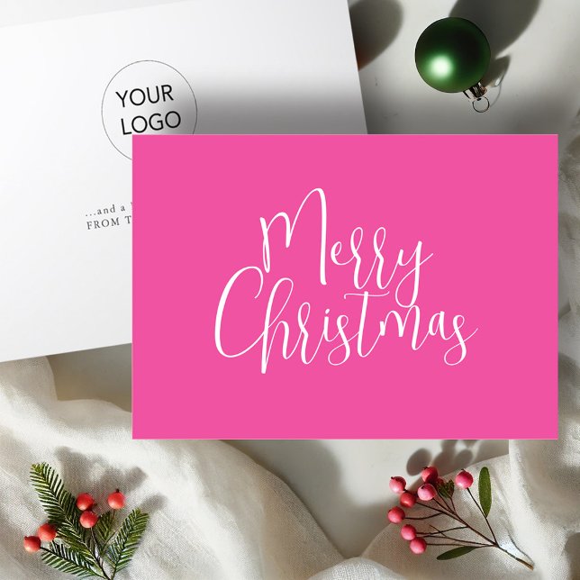 Cartão De Festividades Trendy Pink Felry Natal (Vibrant pink business Christmas cards with logo by Victoria Grigaliunas of Do Tell A Belle.)
