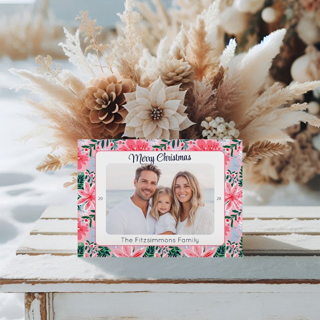 Cartão De Festividades Trendy Pink Modern Merry Christmas Photo (Tropical Pink Floral Christmas Card)