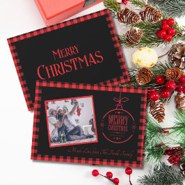 Cartão De Festividades Trendy Red Black Buffalo Pago com Foto da Família
