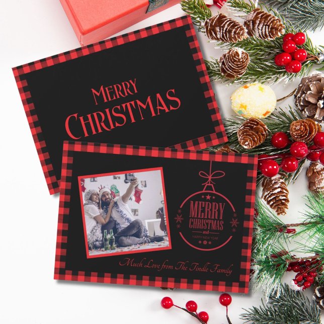 Cartão De Festividades Trendy Red Black Buffalo Pago com Foto da Família (Criador carregado)
