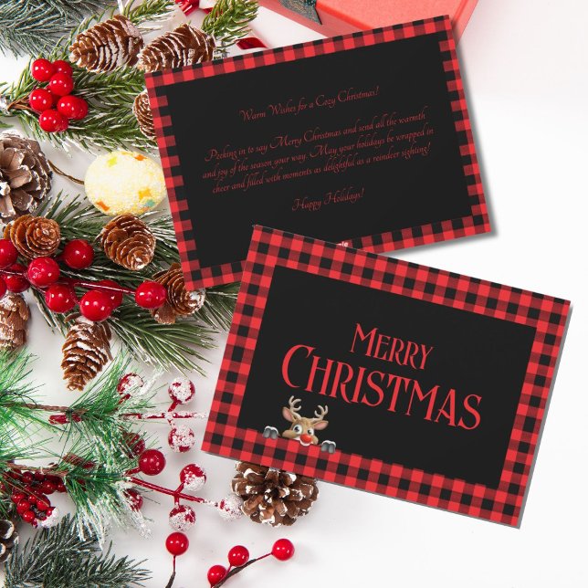 Cartão De Festividades Trendy Red Black Buffalo Pago com Rebelde Cuta ("Merry Christmas" Vintage Red & Black Buffalo Check)