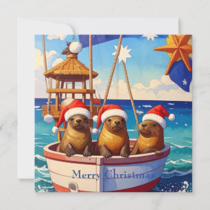 Cartão De Festividades Três focas com chapéus de Papai Noel Feliz Natal