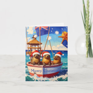 Cartão De Festividades Três focas com chapéus de Papai Noel Feliz Natal