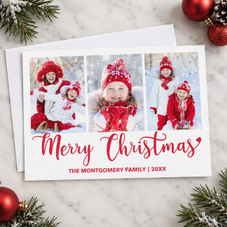 Cartão De Festividades Três Fotos Família Vermelho Script Feliz Natal