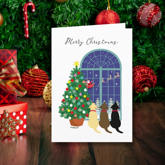 Cartão De Festividades Três Labradores - Natal da Noite Mágica (Three Labradors Magical Night Christmas Cards.  Yellow Lab, Chocolate Lab, Black Lab included.  )