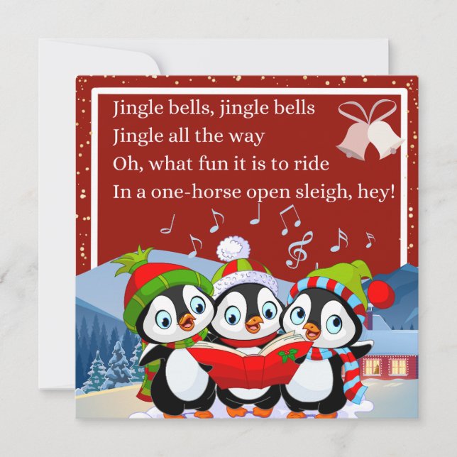 Cartão De Festividades Três Pinguins Fofos Cantando Jingle Bells (Frente)