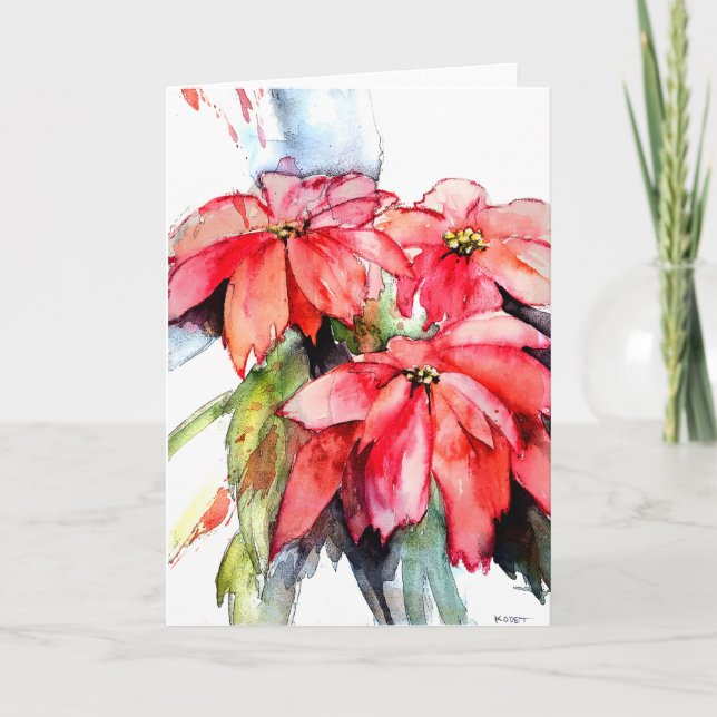 Cartão De Festividades Três Poinsettias em Watercolor (Frente)