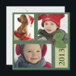 Cartão De Festividades Trio da foto do Natal no cumprimento verde da baga<br><div class="desc">Com fitas do falso do verde e de um detalhe bonito do sprig do azevinho, este cartão quadrado tem o espaço para você compartilhar de três de suas fotos favoritas em seus cartões de natal aos amigos e à família. Você pode personalizar cada linha para personalizar sua mensagem. Também disponível...</div>