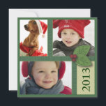 Cartão De Festividades Trio da foto do Natal no cumprimento verde da baga<br><div class="desc">Com fitas do falso do verde e de um detalhe bonito do sprig do azevinho, este cartão quadrado tem o espaço para você compartilhar de três de suas fotos favoritas em seus cartões de natal aos amigos e à família. Você pode personalizar cada linha para personalizar sua mensagem. Também disponível...</div>