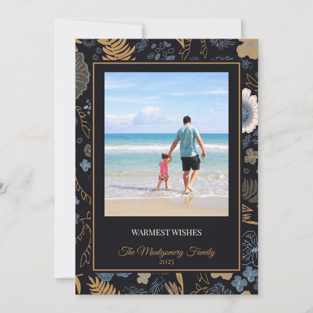 Cartão De Festividades Tropical Blue Gold Flowers Warm Wishes (Frente)