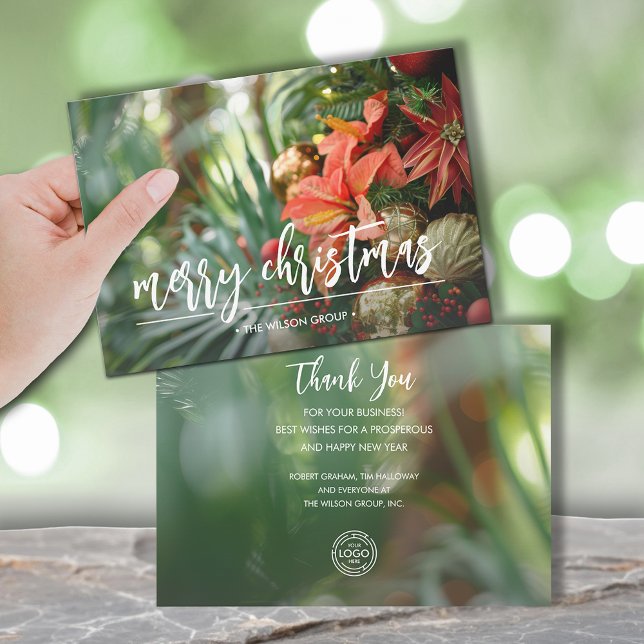 Cartão De Festividades Tropical Christmas Business Logo (Palms and poinsettias Christmas business logo greeting cards, PRINTED and/or INSTANT DOWNLOAD)