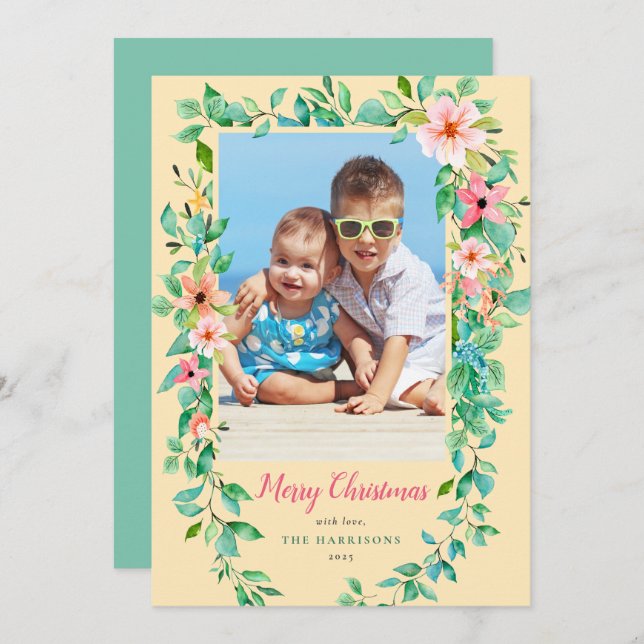 Cartão De Festividades Tropical Christmas Floral Yellow & Green Photo (Frente/Verso)